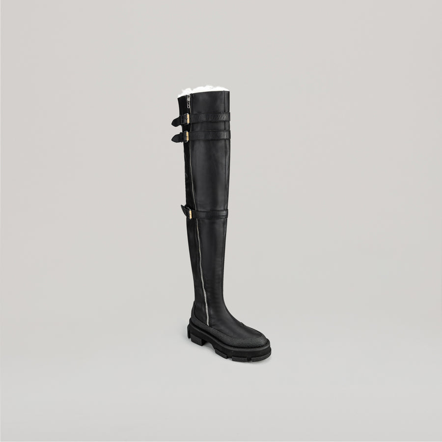 both X DION LEE-GAO PLATFORM THIGH HIGH SHEARLING BOOTS - BLACK/BLACK
