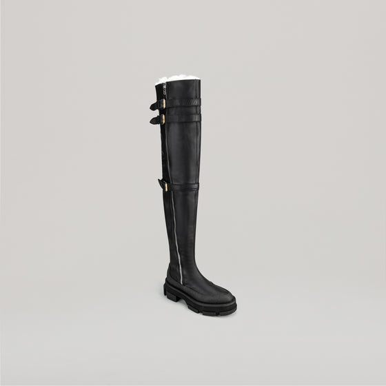 both X DION LEE- GAO PLATFORM THIGH HIGH SHEARLING BOOTS-BLACK