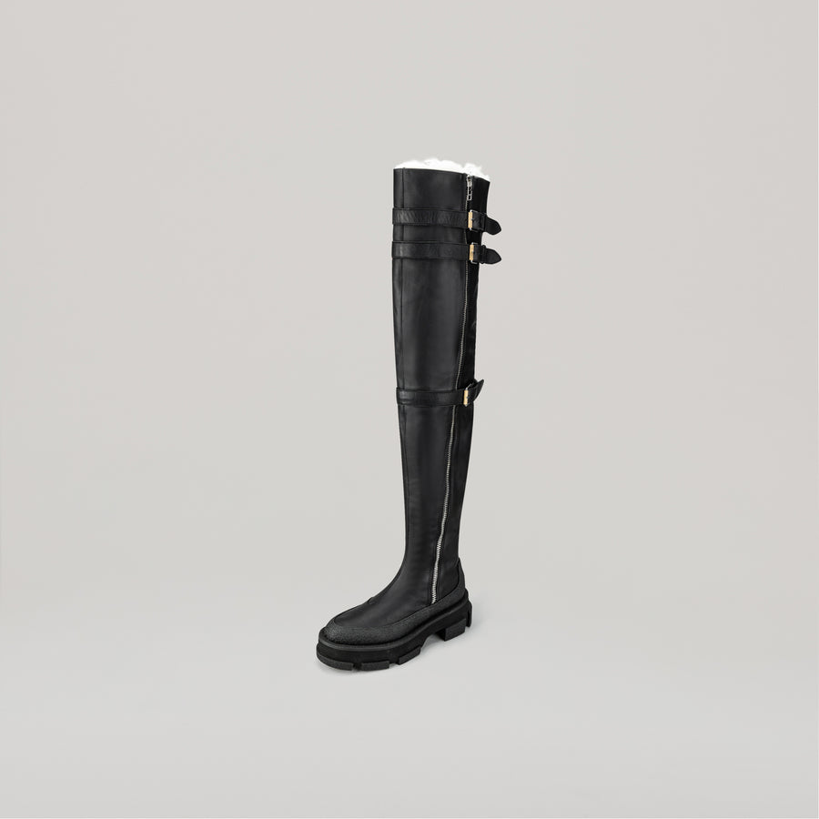 both X DION LEE-GAO PLATFORM THIGH HIGH SHEARLING BOOTS - BLACK/BLACK