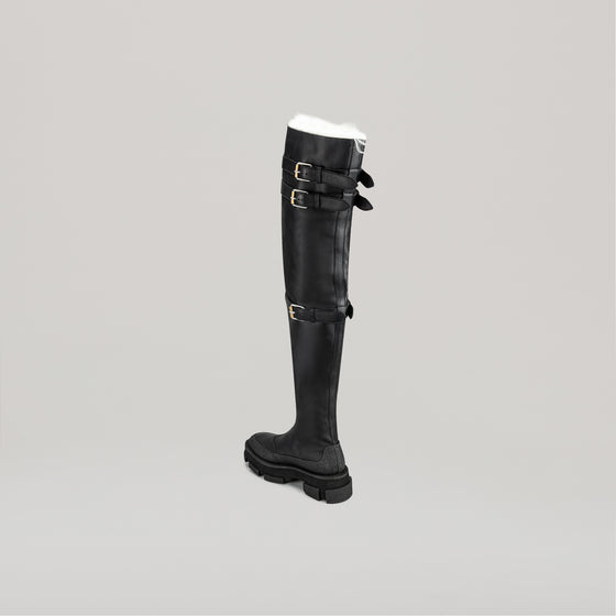 both X DION LEE- GAO PLATFORM THIGH HIGH SHEARLING BOOTS-BLACK