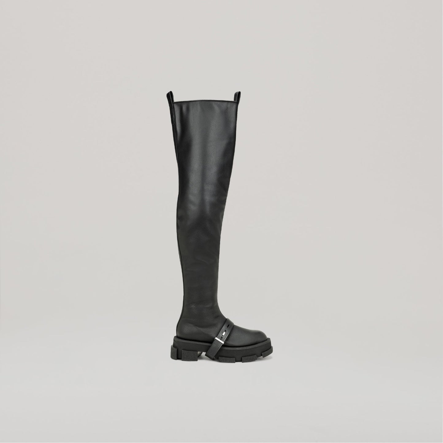 DION LEE-GAO black platform thigh high boot with chunky sole and buckle detail