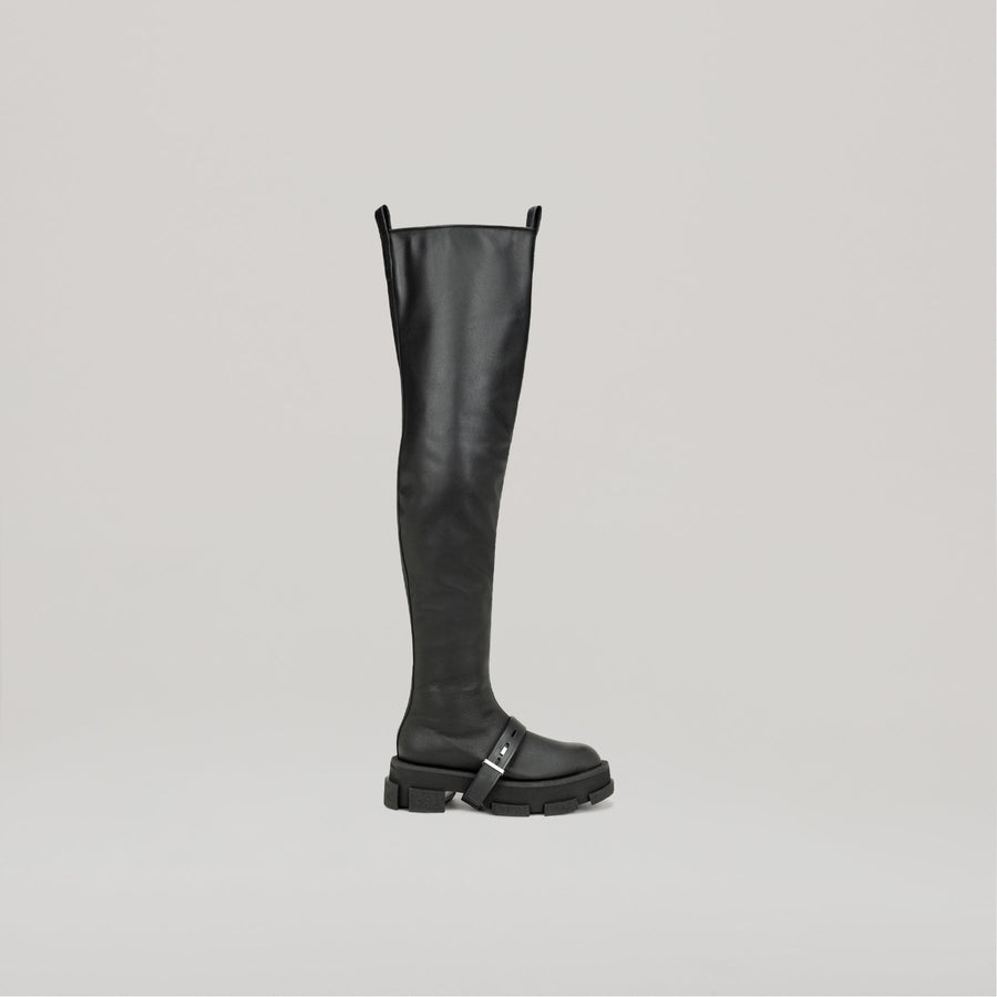DION LEE-GAO black platform thigh high boot with chunky sole and buckle detail