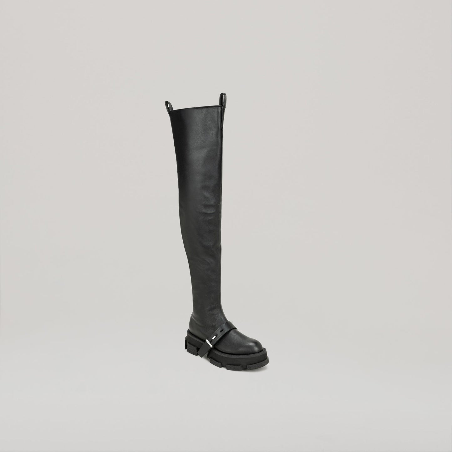 DION LEE-GAO platform black thigh high boot with chunky sole and buckle detail