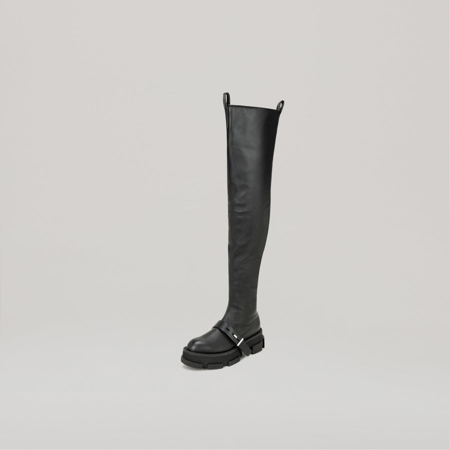 DION LEE-GAO platform thigh high black leather boot with chunky sole and buckle detail