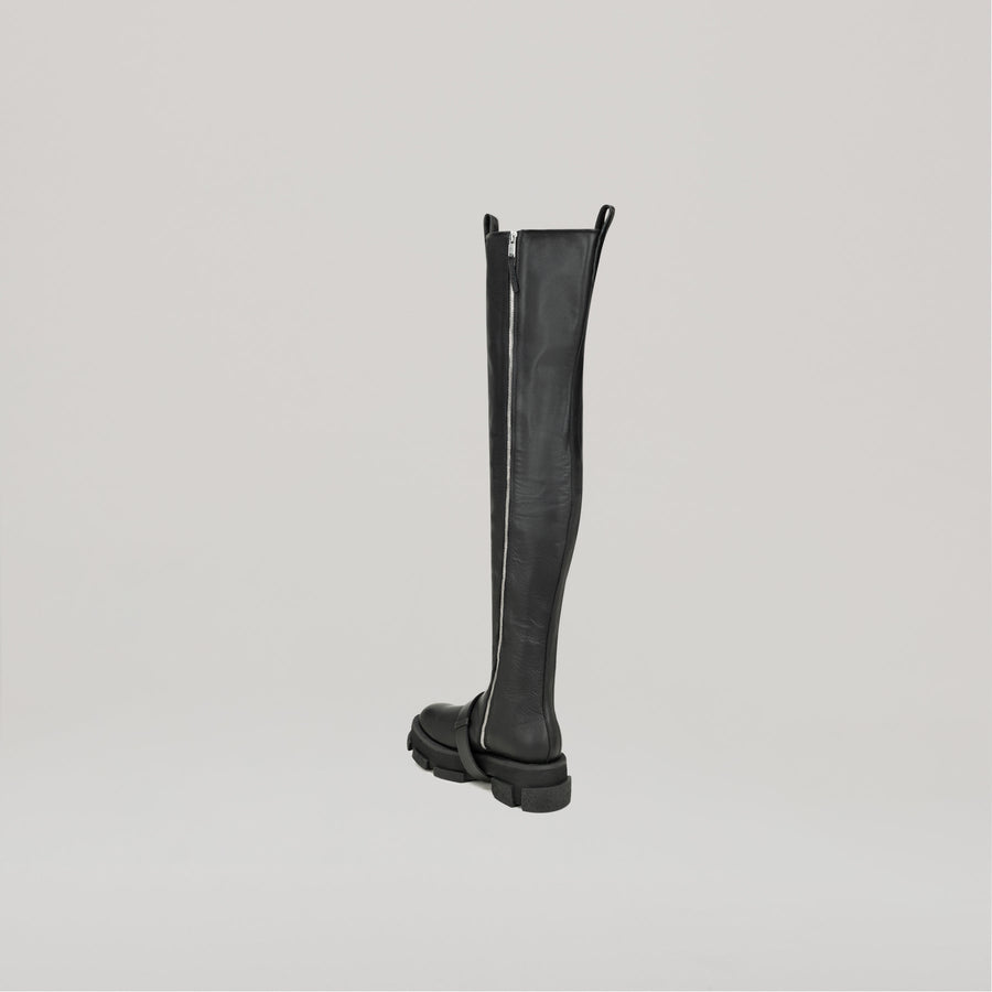 Black DION LEE-GAO platform thigh high boot with zipper detail and chunky sole
