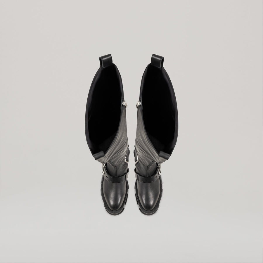 Black DION LEE-GAO platform thigh high boots top view on gray background