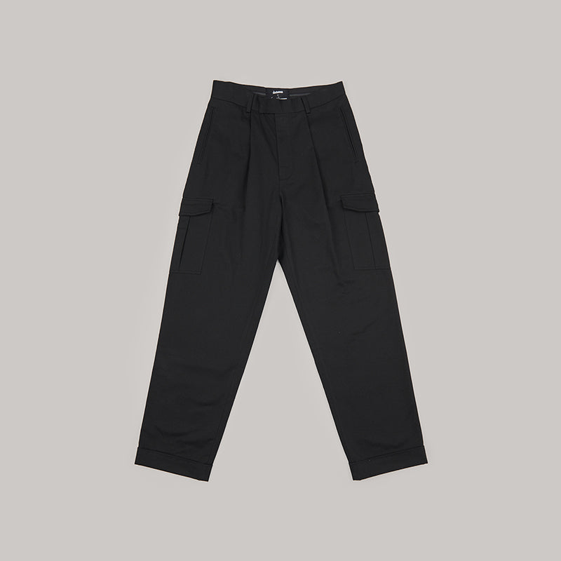 both X SECOND LAYER black pocket cargo pants with front flap pockets and straight legs