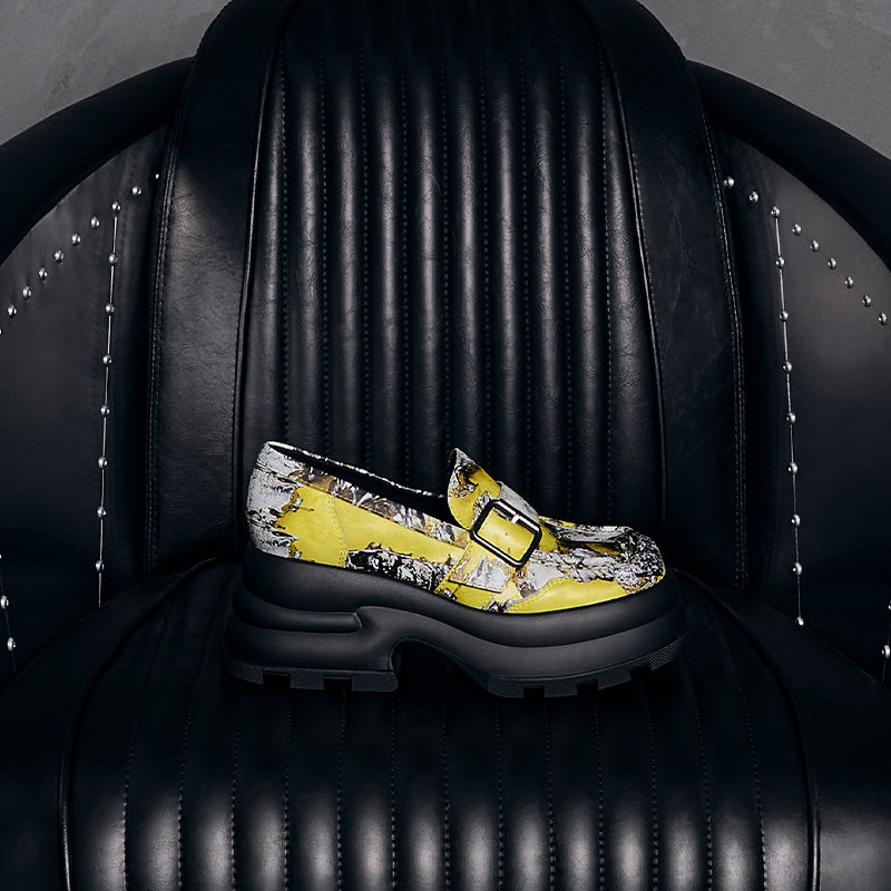 both x CHARLES & KEITH multi-color platform buckled loafer on black leather chair
